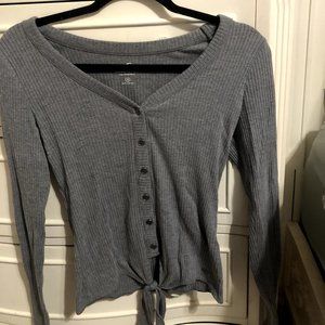 Hollister Medium Grey V-Neck Button-Up Sweater with Tie Waist